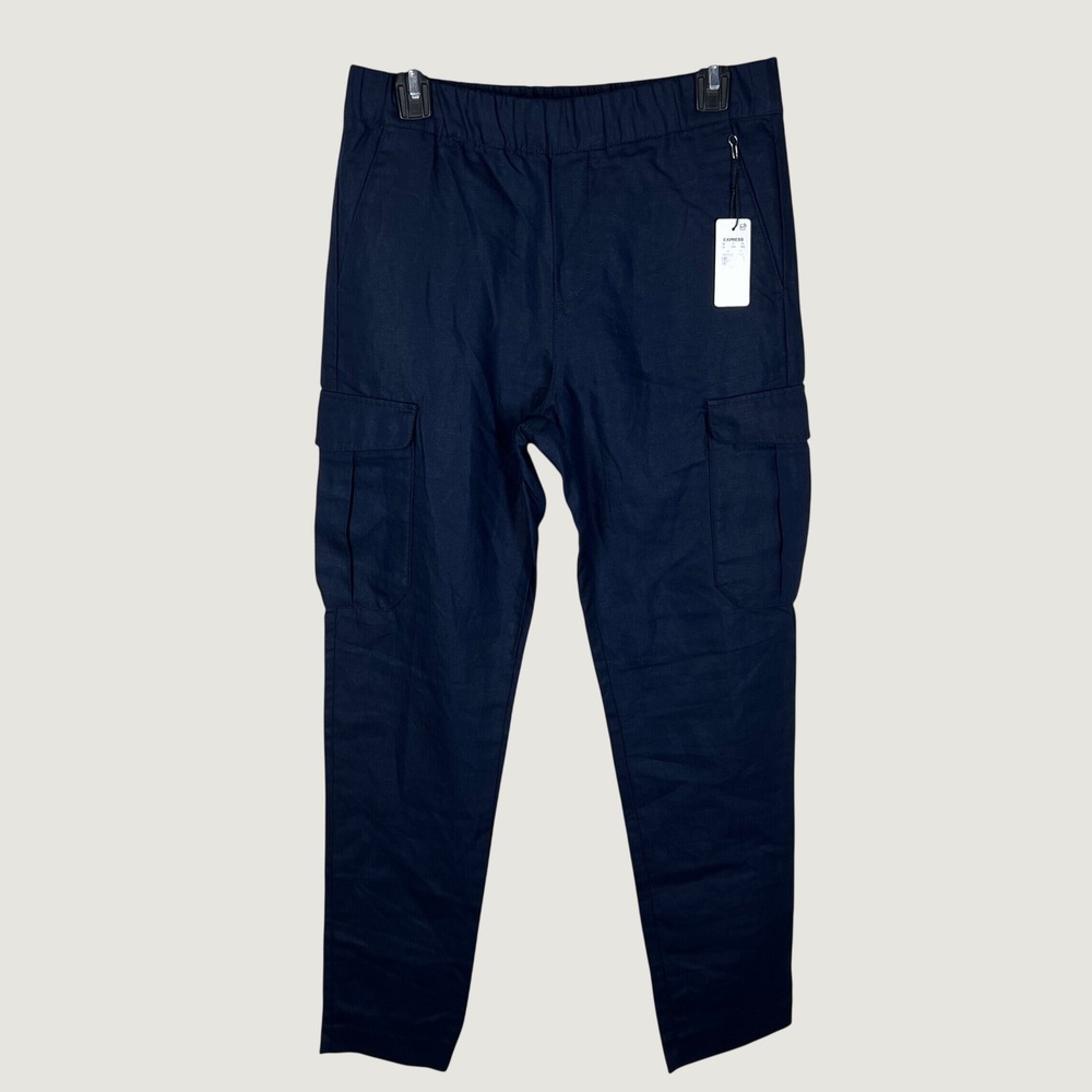 Express Cargo Pants Womens S Navy Blue Linen Cotton Pull On Casual Utility Slim